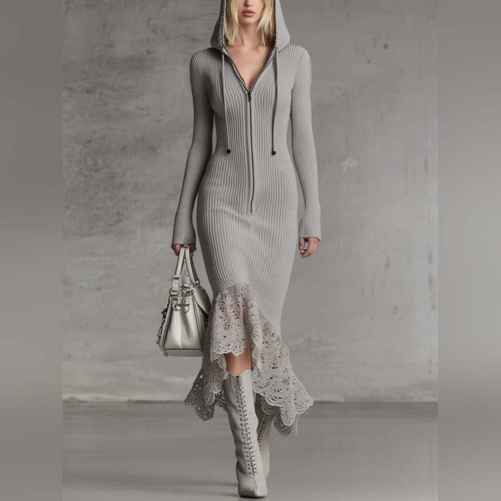 Gray Hooded Dress with Lace Hem